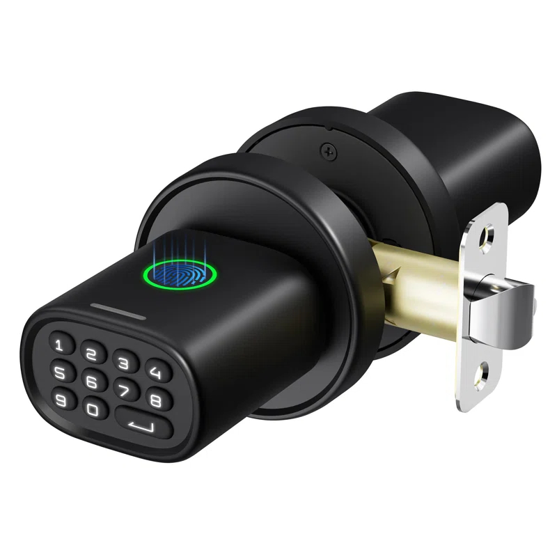 Keyless Entry Door Lock, Fingerprint Door Lock With Keypad Biometric Door Handle, Automatic Locking, For Interior Doors Up To 2-1/4" Thick, Bedroom, Home Office, Garage, 4 AA Alkaline Batteries, MD1 Black