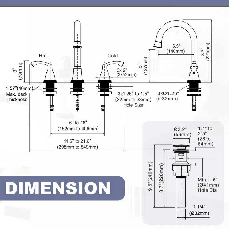 Widespread 2-handle Bathroom Faucet with Drain Assembly