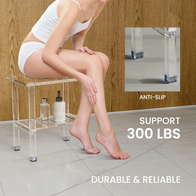 Ivy Bronx Acrylic Shower Bench For Inside Shower, Heavy Duty (Hold Up To 300Lbs) Bathroom Shower Stool With Storage Shelf, Clear