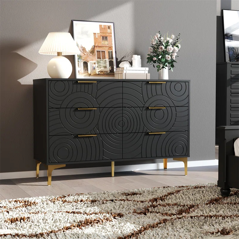 Gloriay Modern 6 Drawer Dresser For Bedroom, Wide Chest Of Drawers With Gold Metal Legs And Handles, Storage Organizer – Black