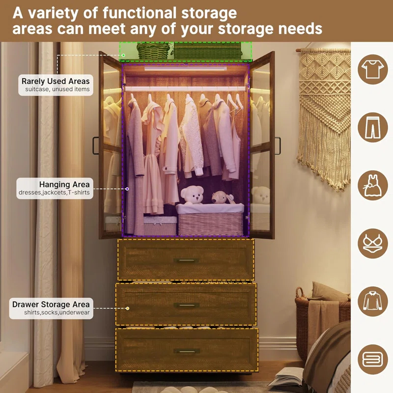 Ivy Bronx 75" Tall Farmhouse 2 Doors Armoire Wardrobe Closet with 3 Drawers and LED,Freestanding Closet