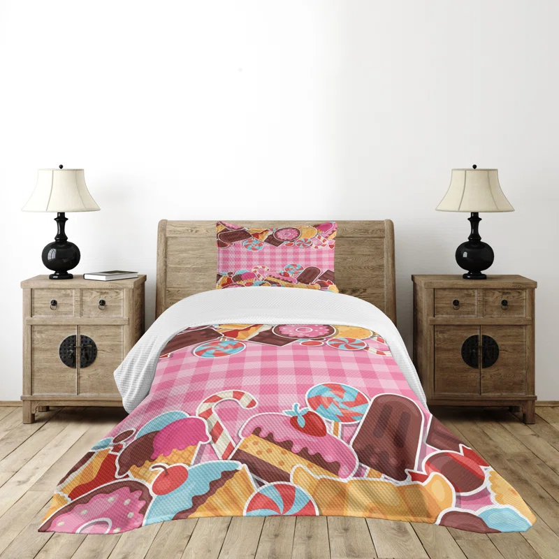 Ambesonne Ambesonne Sweets Bedspread Set 2 Pcs Candy Cookie Sugar Cake Twin Brown Pale Pink