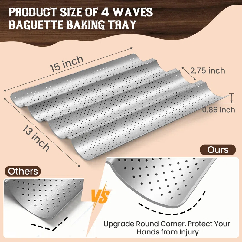 KAISHENGDAA Baguette Bread Pan, Premium Nonstick Perforated Baguette Pan For French Bread Baking, 4 Loaves Baguette Baking Tray For Sourdough, Italian Bread, Perfect For Creating Crisp Golden-Brown Crust