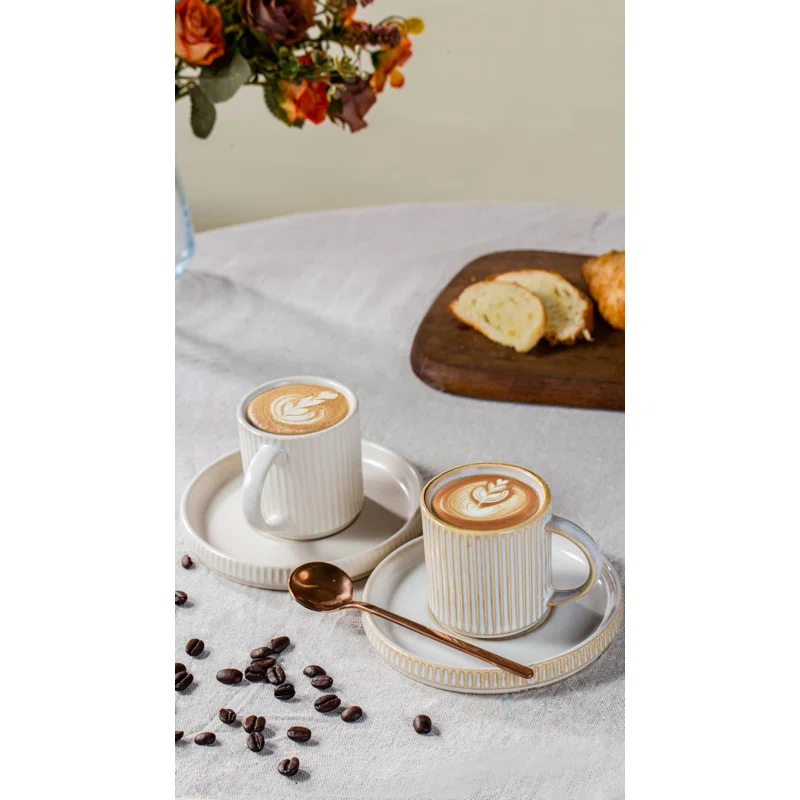 shuoli Star Espresso Cups And Saucers Set Of 4, [ Mini ] 3 Oz Ceramic Small Coffee Mug With Handle, Ribbed Stoneware Demitasse Cup For Tea, Latte - Microwave & Dishwasher Safe - Cappuccino White
