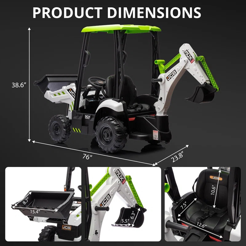 Hetoy 4 In 1 Ride On Excavator, 12V Battery Powered Electric Vehicle For Kids With Remote Control