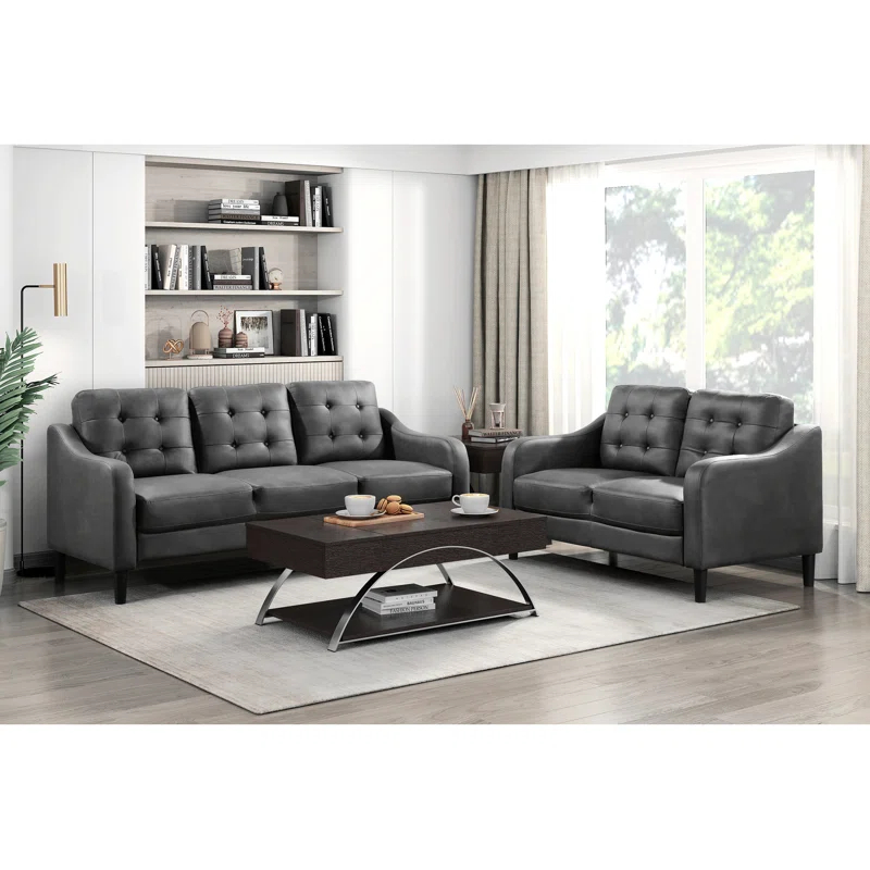 Lark Manor™ Gray Polished Microfiber Upholstered 1Pc Sofa Button Tufted Contoured Arms Solid Wood Frame Couch Casual Living Room Furniture