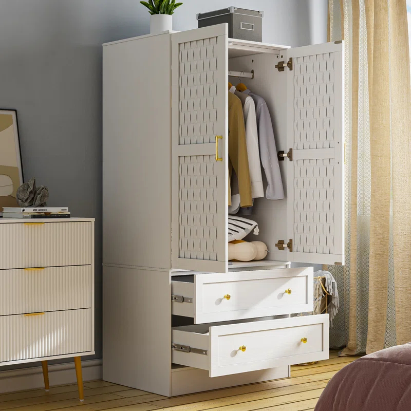 Everly Quinn Freestanding Armoire Wardrobe Closet with 2 Woven Doors