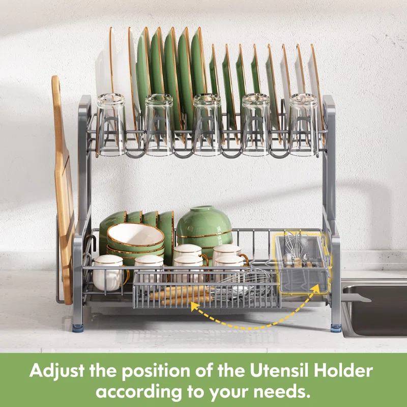 EDGAR'S FURNITURE MANUFACTURING INC Dish Drying Rack And Drainboard Set, 2 Tier Stainless Steel Dish Rack For Kitchen Counter, Large Dish Strainer Organizers With Cups Holder, Utensil Holder