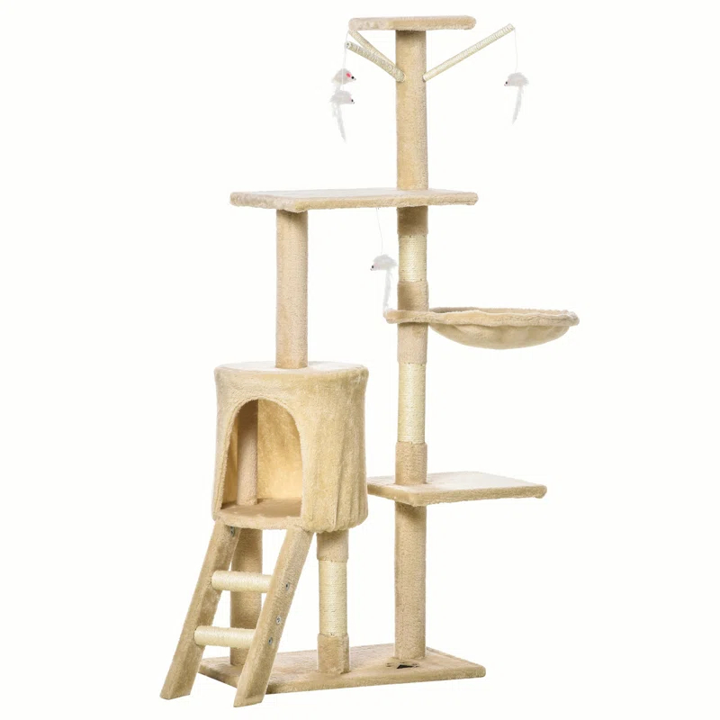 Tucker Murphy Pet™ 53" Plush Sturdy Interactive Cat Condo Tower Scratching Post Activity Tree House - Beige