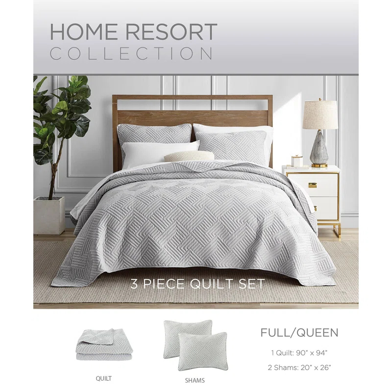 DESIGN STUDIO Garment Wash Grid All-Season Reversible Soft Microfiber Quilt Set