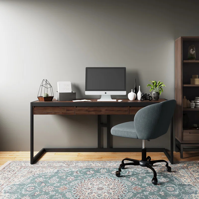 Simpli Home Erina 48"W Solid Acacia Wood Small Desk, Industrial Style with Keyboard Tray and 2 Drawers