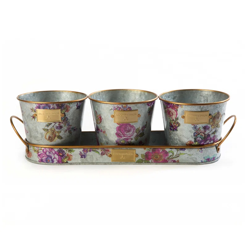 MacKenzie-Childs Flower Market Galvanized Herb Pots With Tray, Set Of 3