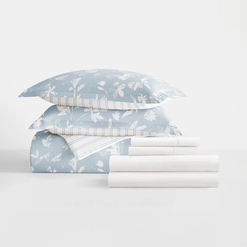 IEnjoy Home 8-Piece Reversible Bedding Bundle - Patterned Duvet Cover, Comforter Insert and Solid Sheet Set