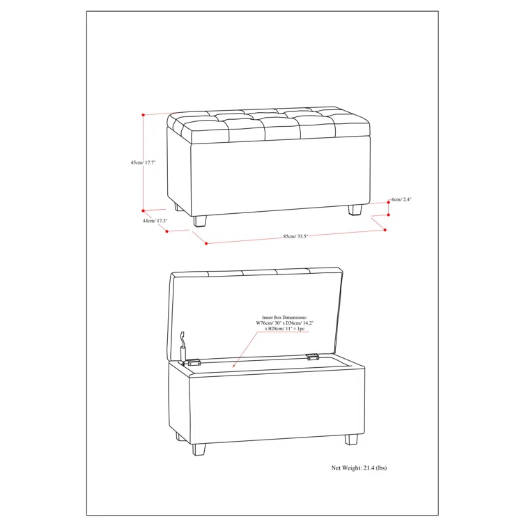 Simpli Home Cosmopolitan 34"W Upholstered Storage Ottoman with Tufted Design and Large Interior Storage