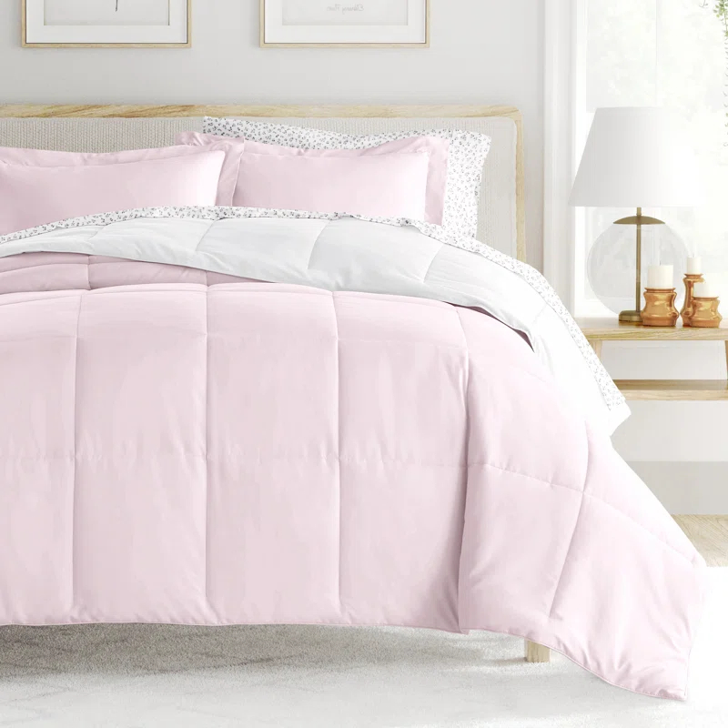 IEnjoy Home 7-Piece Reversible Bedding Bundle - Solid Comforter and Patterned Sheet Set