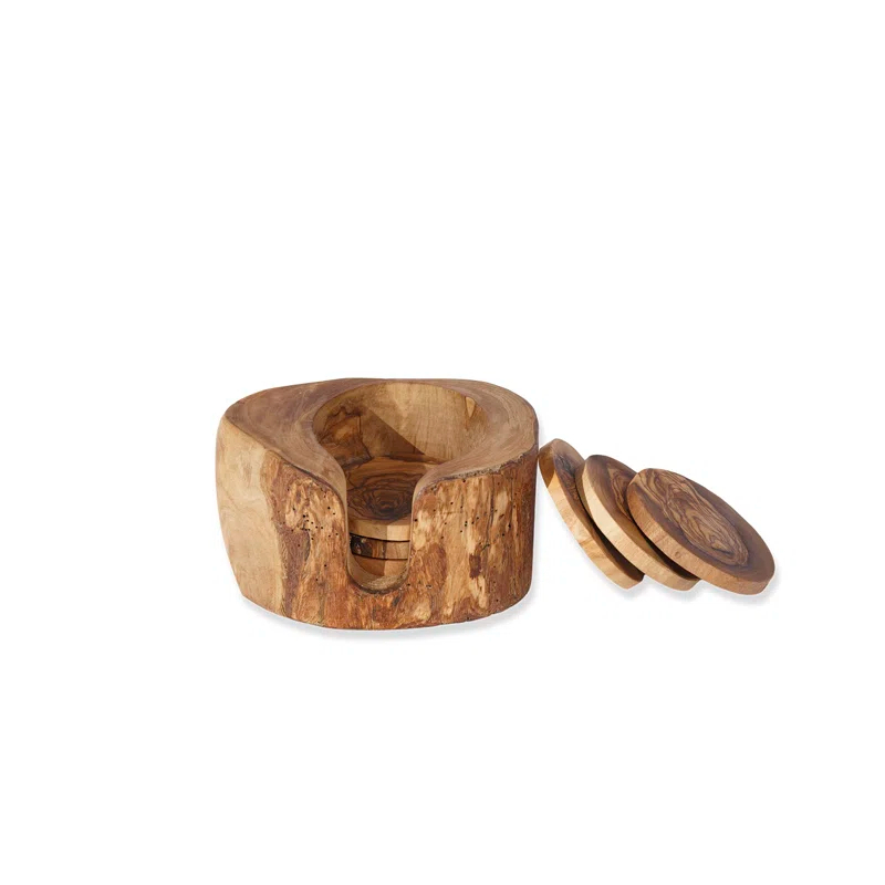 KAMSAH Kitchenware Handcrafted Olive Wood Coaster Set with Holder - Includes 6 Round Coasters and Versatile Holder