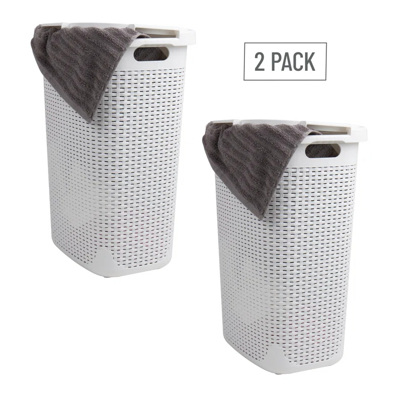 Mind Reader Mind Reader 60L Slim Laundry Hamper, Clothes Basket, Lid, Wicker Style, Plastic, 17.65"L x 13.75"W x 24.15"H, 2-Pack