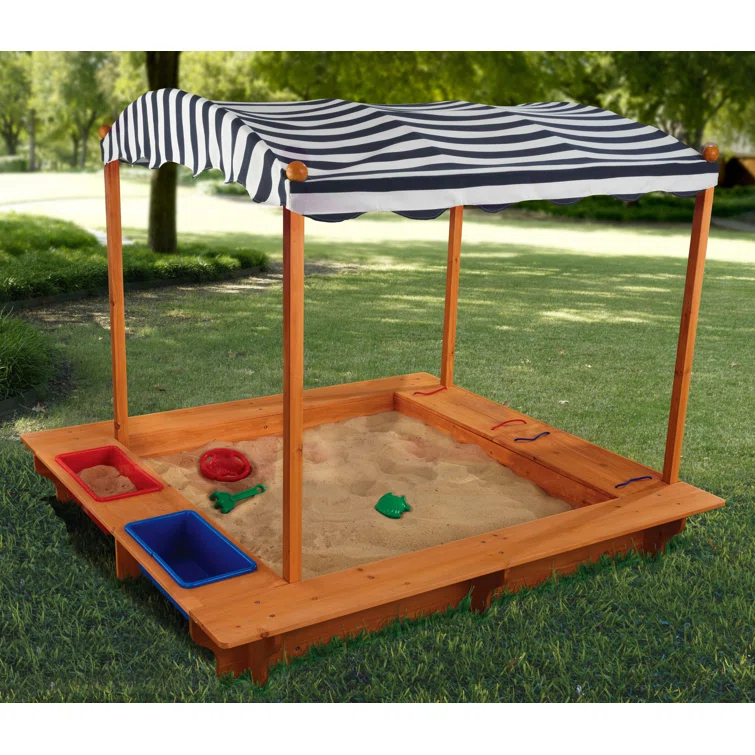 KidKraft Outdoor Covered Wooden Sandbox with Bins and Striped Navy & White Canopy