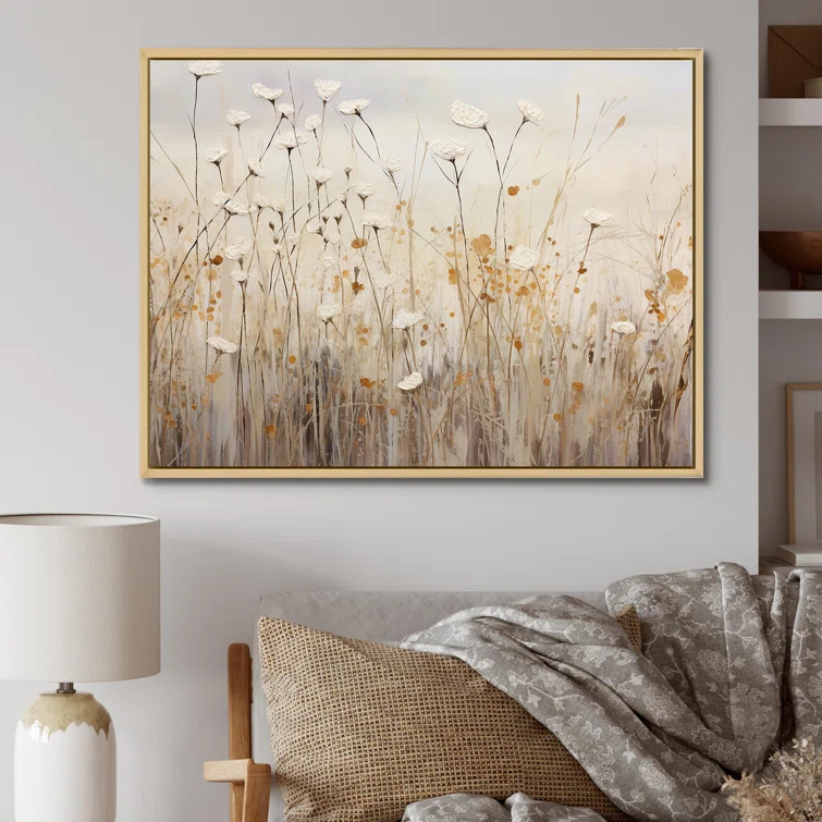 Design Art Beige Wildflowers Floral Fantasy  - Minimal wildflowers on canvas print