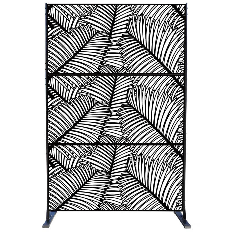 Kozyard Kozyard Metal Privacy Screen Decorative Outdoor Divider With Stand Panels (Black Palm Leaf)