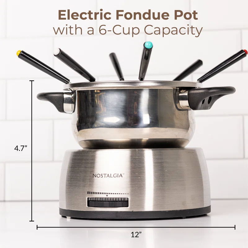 Nostalgia Nostalgia 6-Cup Stainless Steel Electric Fondue Pot with Temperature Control, 6 Color-Coded Forks and Removable Pot - Perfect for Chocolate, Caramel, Cheese, Sauces and More