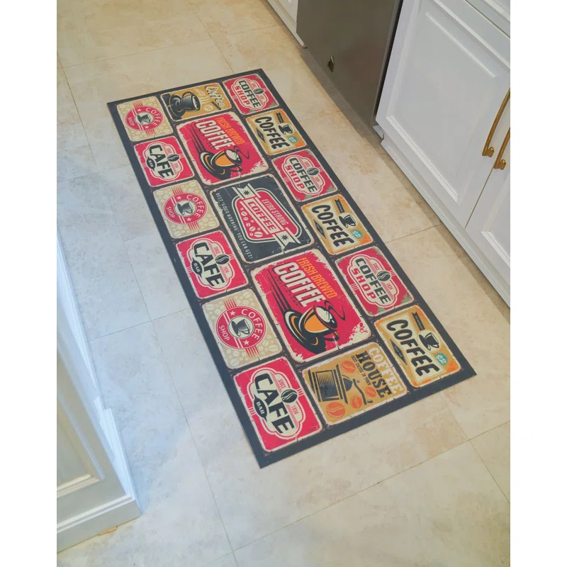 Trinx Castlehaven Coffee Label Tiles Kitchen Mat