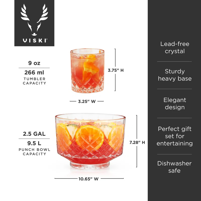 Viski Admiral Crystal Punch Bowl and Tumbler Set