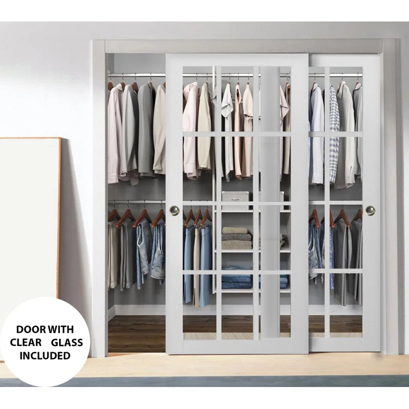 SARTODOORS Felicia Clear Glass Sliding Closet White Doors with Installation Hardware Kit