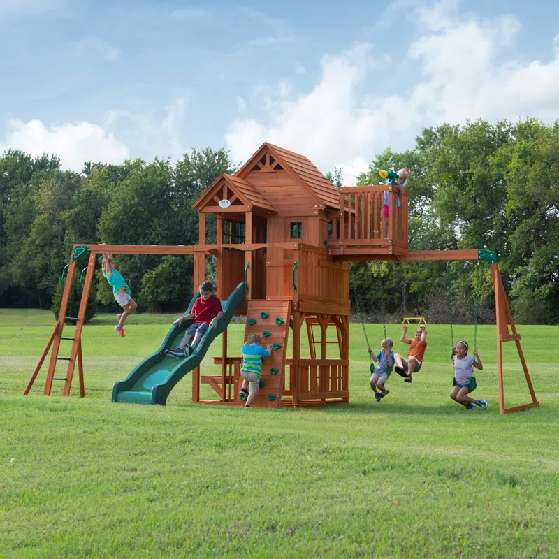 Backyard Discovery Backyard Discovery Skyfort II Cedar Wood Swing Set with Wave Slide, Clubhouse, Crow's Nest, and Monkey Bars