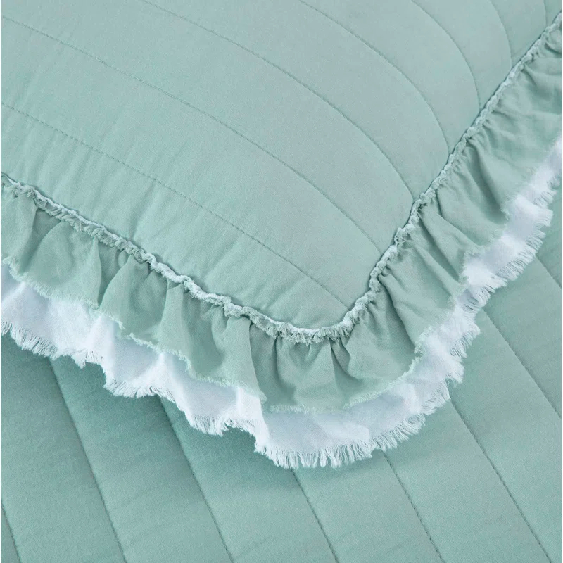 Chezmoi Collection Bonnie Double Frayed Ruffled Edge Cotton Quilt Set