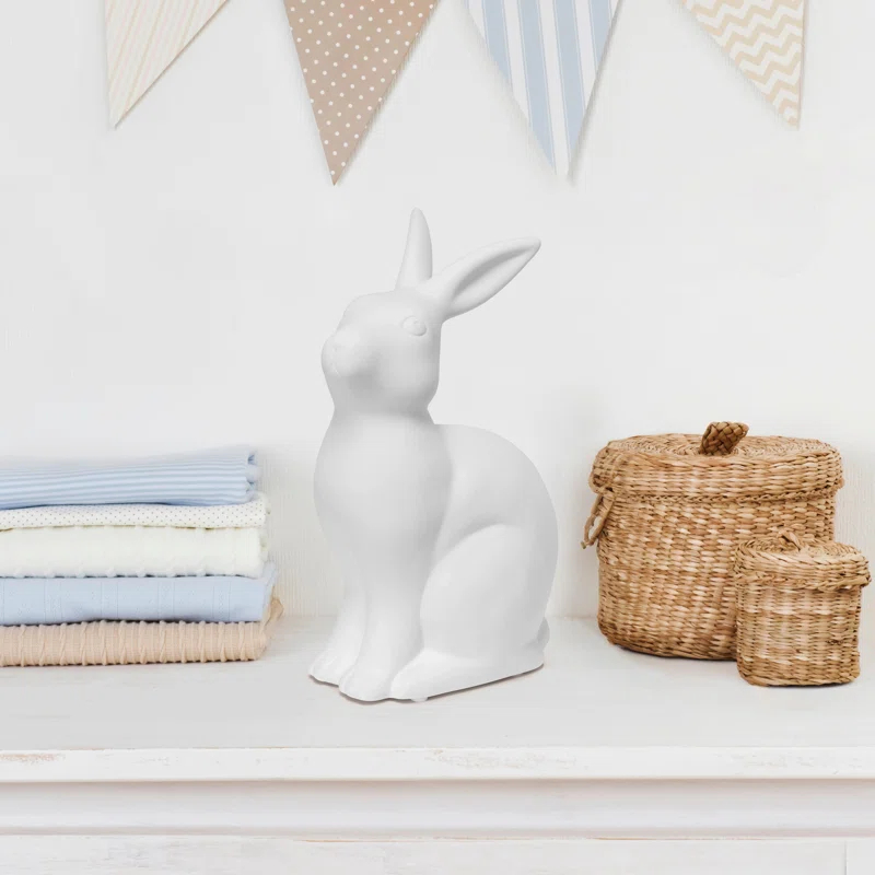 Gracie Oaks Creekwood Home 10.43" Glowing Ceramic Bunny Rabbit Light, For Home Décor, Nightstand, End Table, Entryway, Bookshelf, Kid's Room, White