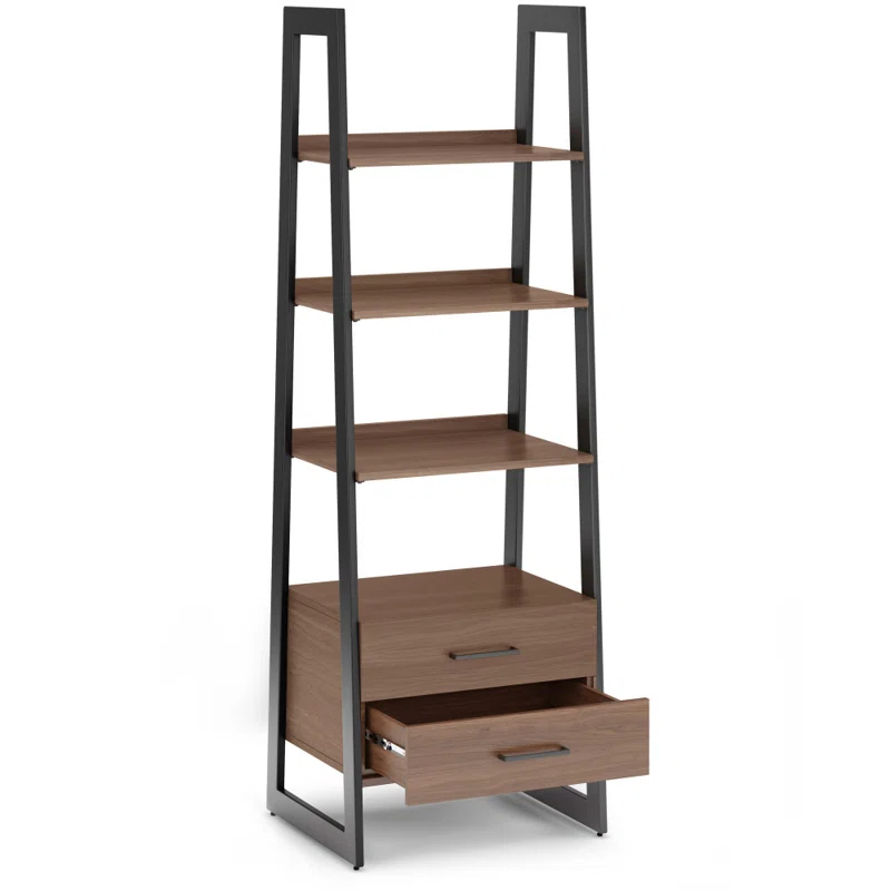 Simpli Home Sawhorse Modern Industrial and Metal Ladder Shelf with Storage in Walnut