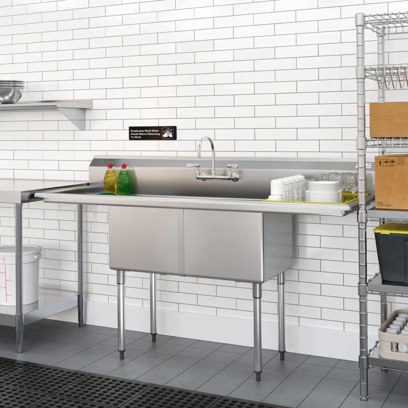 72 in. 16-Gauge Commercial Sink with Backsplash and Dual 18 in. Drainboards, Bowl Dimensions 18"x18"x14" in Stainless-Steel (KM-SB181814-18B316)