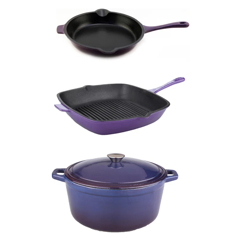 BergHOFF BergHOFF Neo 4 Pc Cast Iron Cookware Set with Fry Pan, Grill Pan, and 5Qt. Covered Dutch Oven