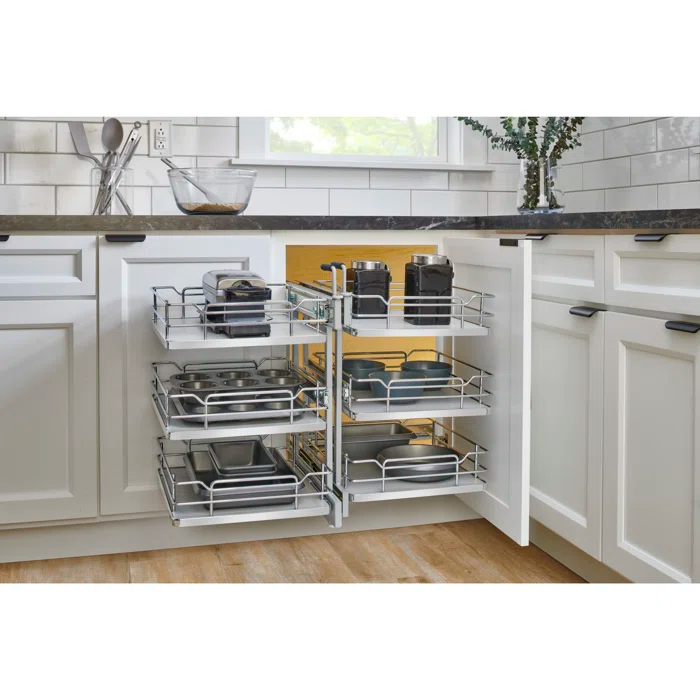 Rev-A-Shelf Steel 3-Tier Pullout Solid Bottom Organizer For Blind Corner Cabinets W/ Soft-Close