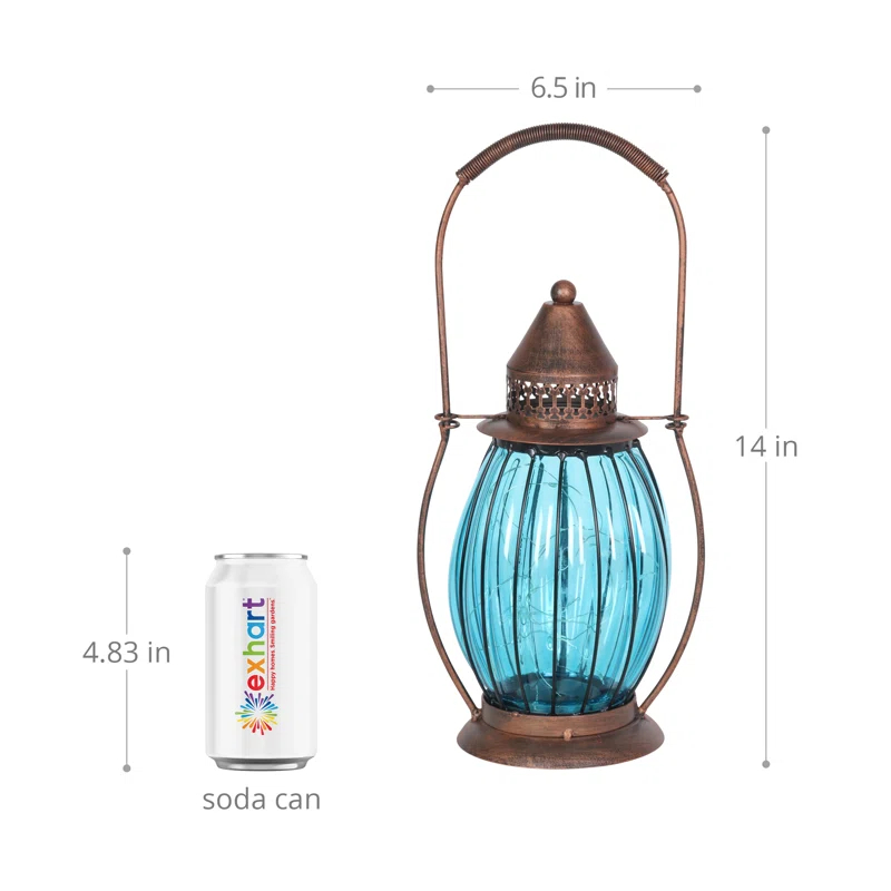 Exhart Exhart Solar Antique Metal and Glass Accent Lantern with Fifteen LED Fairy Firefly String Lights, 7 by 14"