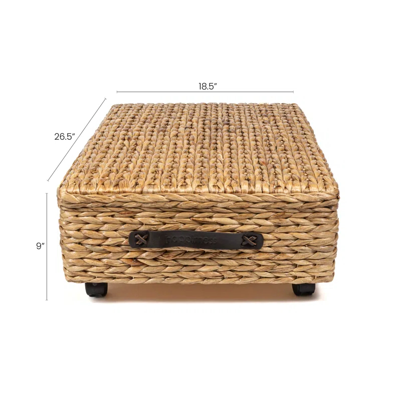 happimess Chett 26.38" Minimalist Hand-Woven Hyacinth/Wood Underbed Storage Bin with Wheels and Handles