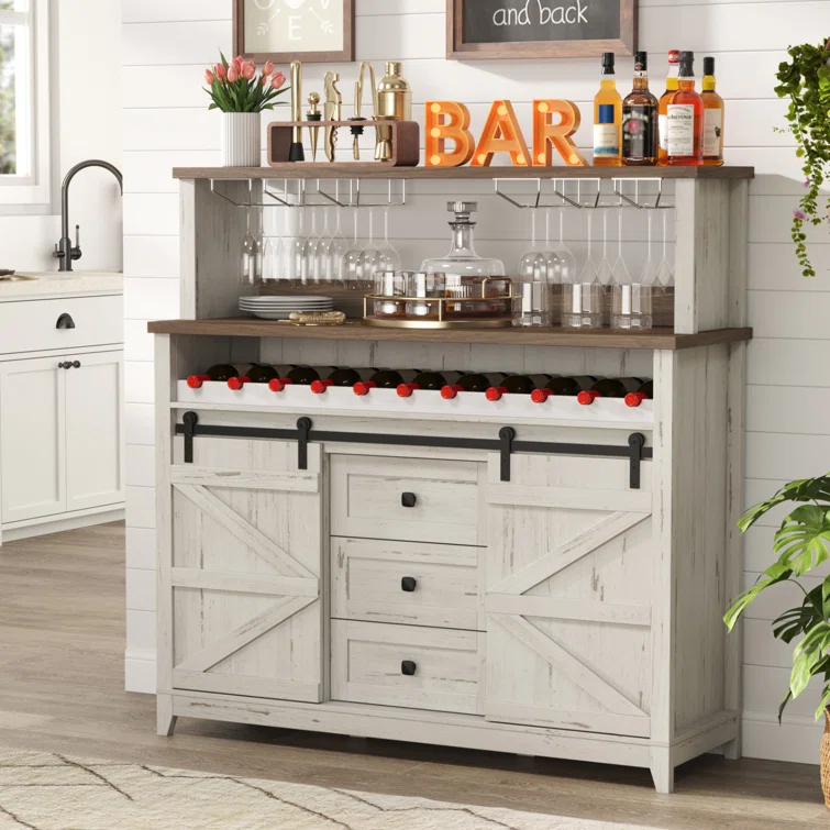 Gracie Oaks Farmhouse Wine Bar Cabinet With Sliding Bar Door And Led Lights, Sideboard With 2 Layers Tabletops, Wine And Glass Racks, 2 Storage Cabinets With Adjustable Shelf, 3 Drawers, Rustic White