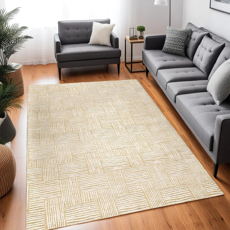 Benjara Aden 8 X 10 Large Area Rug, Handwoven Basket Weave Design, Beige Polyester