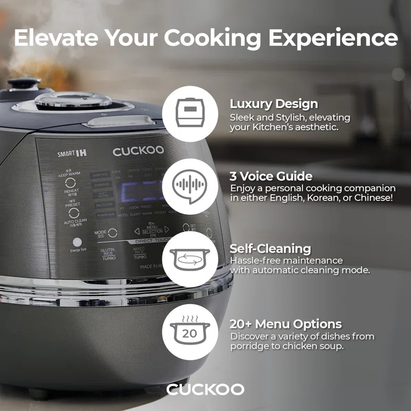 CUCKOO 6-Cup Induction Heating Pressure Rice Cooker with Nonstick Inner Pot, 21 Menu Modes, Fuzzy Logic Tech, 3 Voice Guide, Auto Clean (Dark Grey) CRP-DHSR0609FD