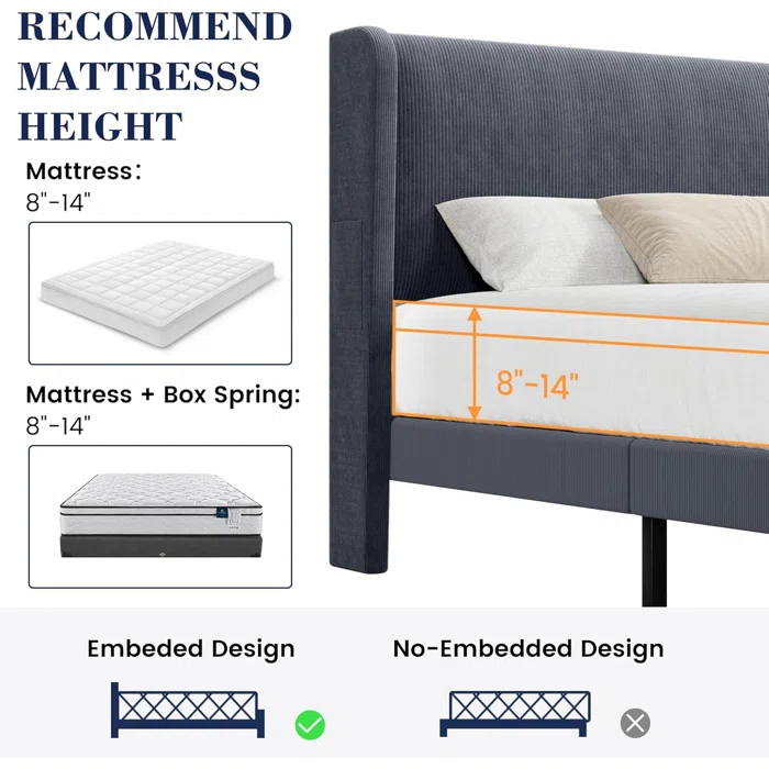 Ebern Designs Upholstered Bed Frame with Wingback Headboard, Luxurious Velvet Upholstery Platform Bed, Wooden Slat Support - Box Spring Optional,Easy Assembly