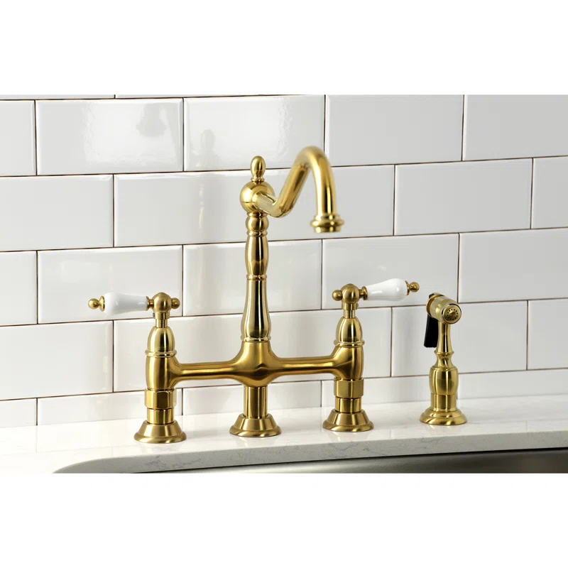 Kingston Brass Heritage Two-Handle 4-Hole Deck Mount Bridge Kitchen Faucet with Brass Side Sprayer