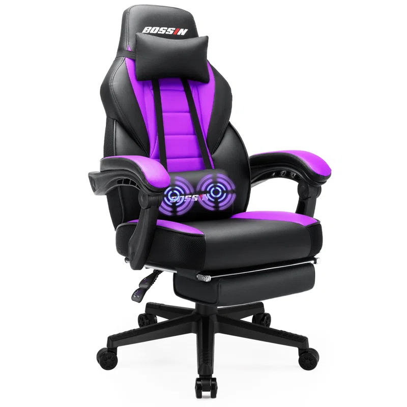 BOSSIN BOSSIN Adjustable Reclining Ergonomic Faux Leather Swiveling PC & Racing Game Chair with Footrest in Purple