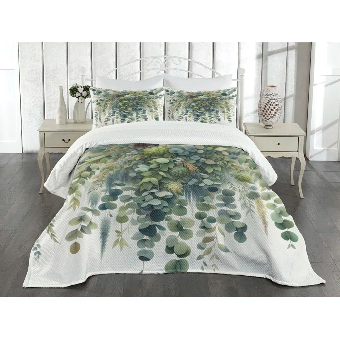 Ambesonne Ambesonne Eucalyptus Bedspread Set Botanical Watercolor Laurel Green Slate Blue