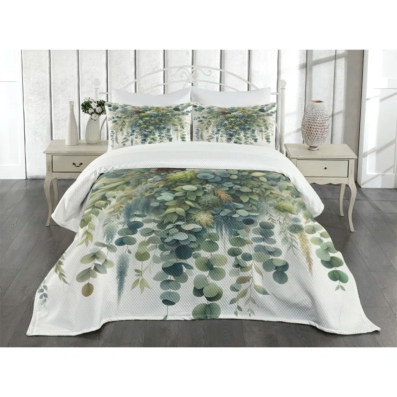 Ambesonne Ambesonne Eucalyptus Bedspread Set Botanical Watercolor Laurel Green Slate Blue