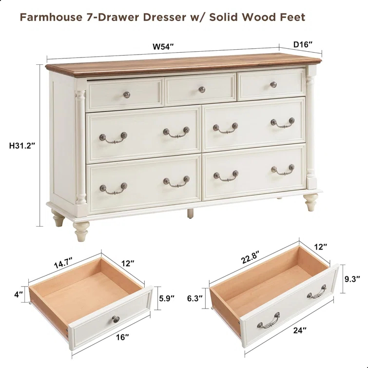 OKD Ojaswi Farmhouse 7 - Drawer Dresser, Wood Rustic Dresser Chest of Drawers with 2 Size Drawers for Bedroom, Living Room