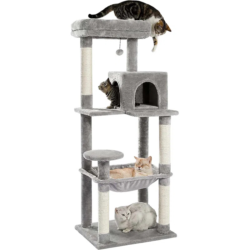 56.3" Indoor Multi-Level Tall Cat Tower With Large Hammock, Scratching Posts, Cozy Condo And Top Perch