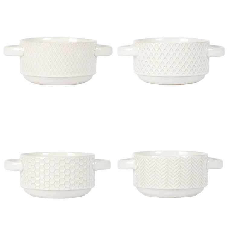 Gibson Elite Gibson Elite Oyster Tide Embossed 6 Inch Soup Bowls with Handles. French Onion Soup Crocks, Stackable Soup Bowl, Chili, Beef Stew Reactive Glaze  Stackable Ceramic Bowl, Set of 4, White
