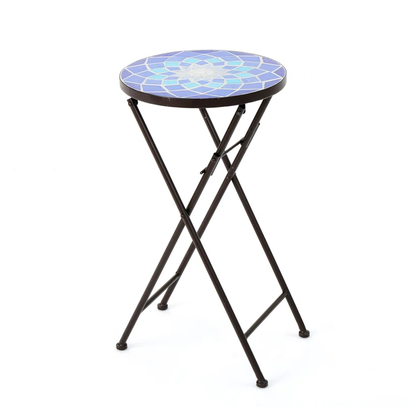 Fleur De Lis Living Folding Blue and White Top Side Table with Iron Frame, Multifunctional Plant or Beverage Stand