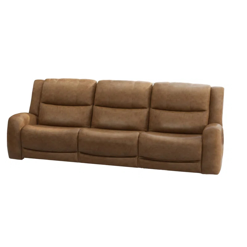 Benjara Leos Sofa, Manual Reclining, Contour Armrest, 88 Inch, Wood, Brown Leather